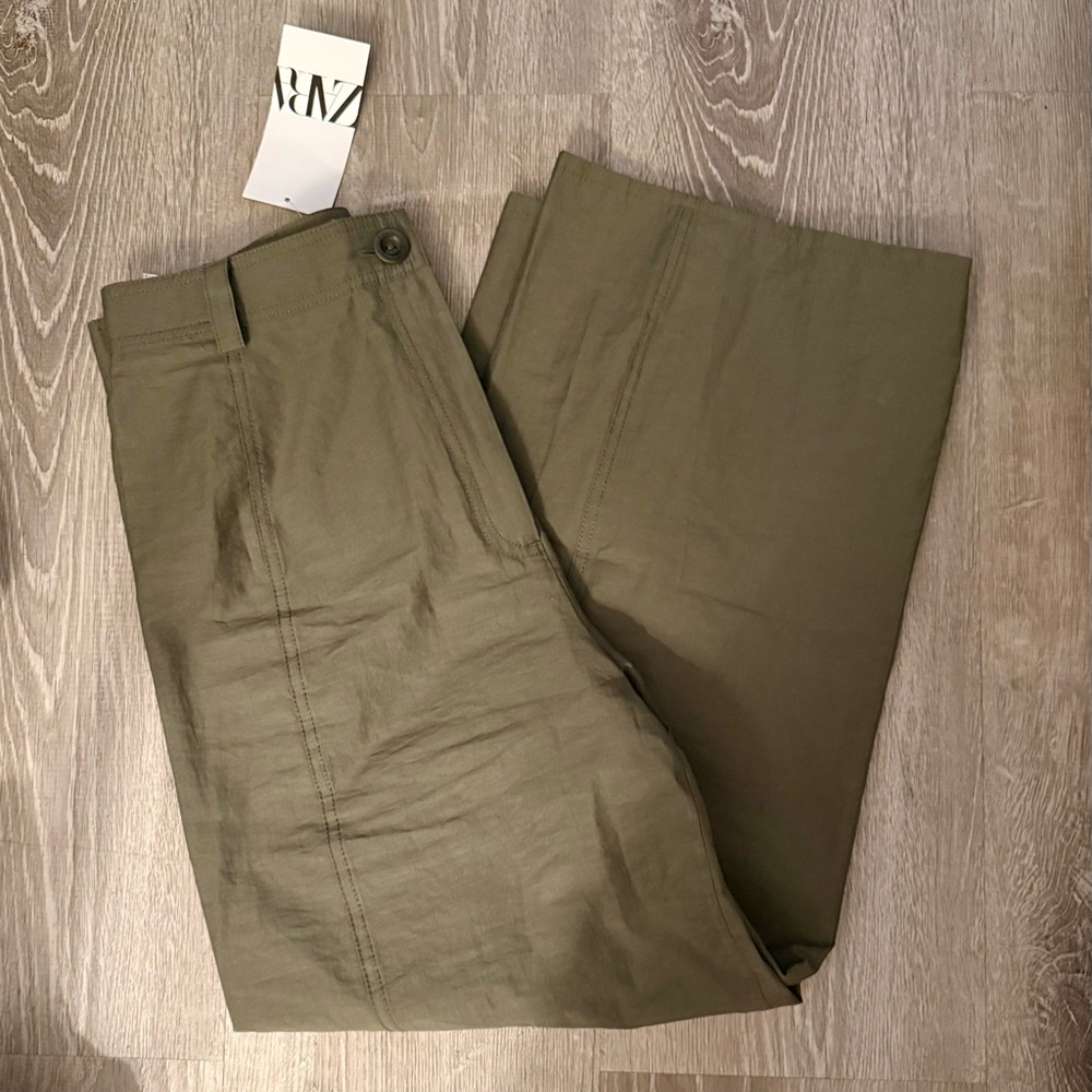 Zara High Rise Wide Leg Poplin Culottes - Olive Green
